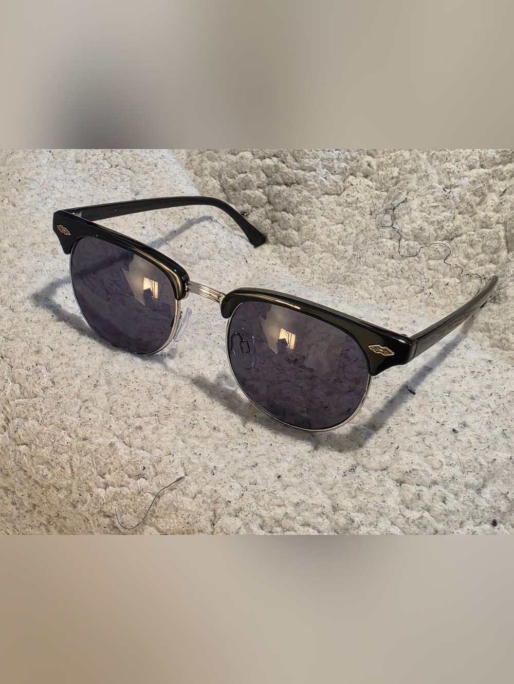 H&M Clubmaster Sunglasses Mens Black Silver Half Rim Browline Retro Dark Tint